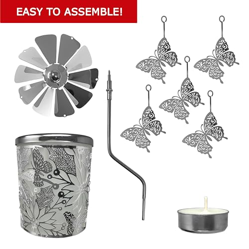 Butterfly Spinning Candle Holder - Laser Cut Silver Butterflies with a Floral Designed Base - Scandinavian Design - 6.25" H x 2.5" W