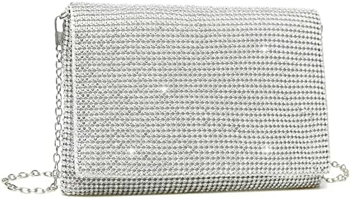 YIKOEE Rhinestone Clutch Purses for Women Glitter Evening Bag with Chain Strap (Silver)