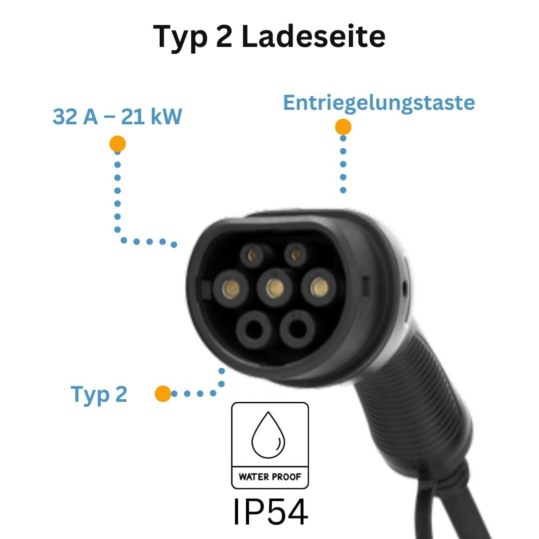 Kabel ładujący EV typu 2 32A 3-fazowy ~ 21 kW 7 m - IEC62196 EV przenośny kabel do ładowania