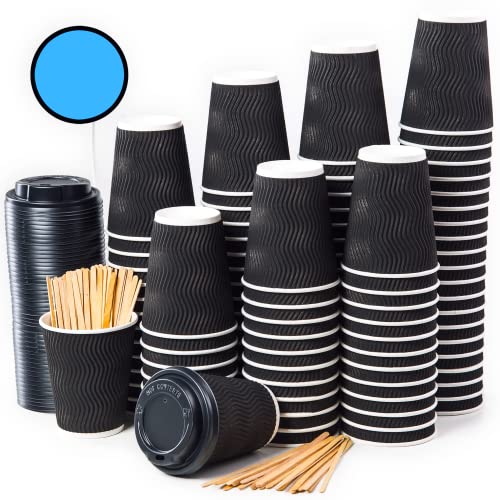 100 Vasos Desechables Ondulación Negra de Doble Pared de Café para Llevar - Vasos Carton 360 ml 12 Onzas con Tapas y Agitadores de Madera para Servir el Café, el Té, Bebidas Calientes y Frías