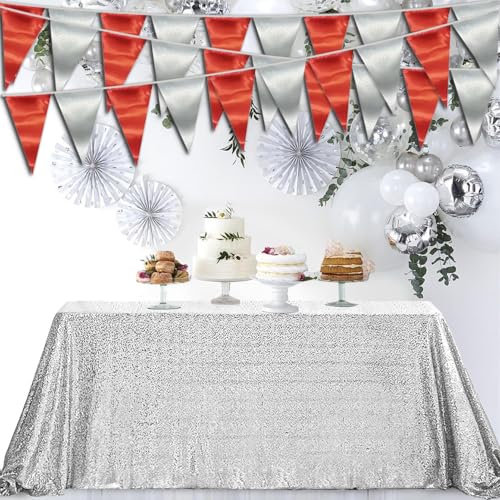 Image of 130FT Red Silver Triangle Pennant Banner Flag Metallic Fabric Bunting Garland for Christmas Graduation Wedding Engagement Anniversary Bachelorette Birthday Bridal Shower Valentines Hen Party Supplies