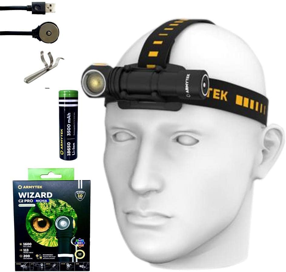 Value Bundle: Armytek Wizard C2 Pro Nichia (Warm) LED Multi Flashlight -1600 Lumens w/Premium Accessories Magnetic USB Charger & High 3500 Mili Amp Capacity