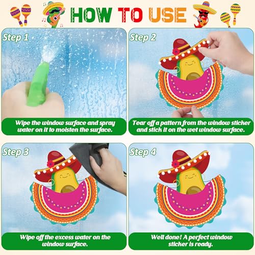 Image of 72 PCS Cinco De Mayo Decorations, 9 Sheets Cinco De Mayo Window Clings, Double-Sided Mexican Stickers with Tacos Guitars Cactus Peppers Designs, Fiesta Party Decor for Window Glass Home Store