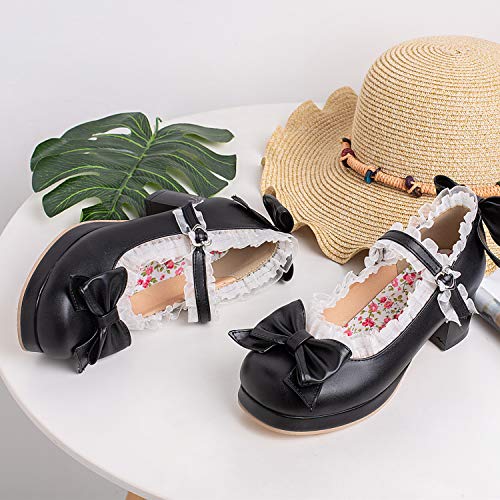 Women Fashion Sweet Bownot Lolita Shoes Block Heels Ankle Strap Platform Lace Maid Mary Jane Shoes3