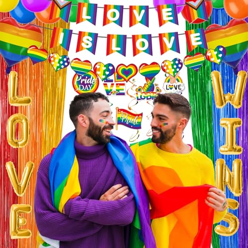 Image of Pride Party Decorations Set, LGBTQ Decor Kit Include 42 Balloons, 12 Rainbow Hanging Swirls, 2 Bright Love Banners, 2 Rainbow Foil Fringe Curtains for Pride Month Party Supply