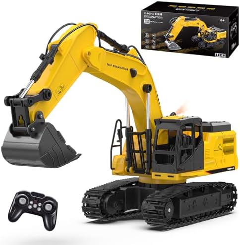 NOKA Remote Control Excavator Toys for Boys, [2025 Upgraded] 1:18 Scale RC Excavator with Metal Shovel, 11-Channel Construction Vehicle Digger with 2 Batteries/Sounds/Spray, Birthday Gift for Kids 6+