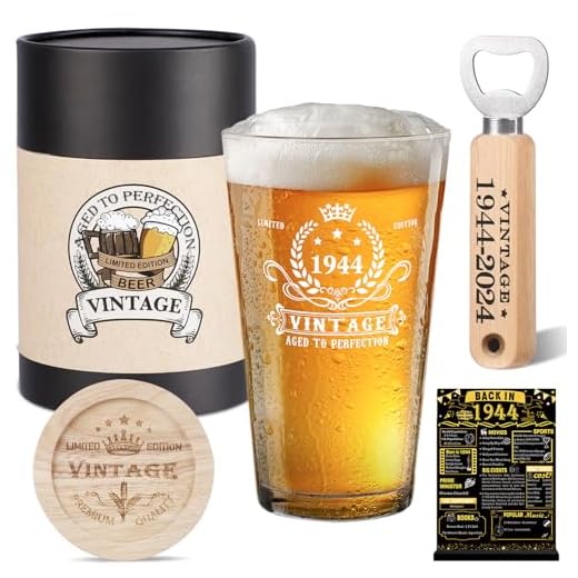 Regalos de 80 cumpleaños para hombres, vaso de cerveza vintage de 1944, posavasos de madera, caja de regalo de cerveza vintage, abrebotellas de madera, póster de 1944 tarjeta de aniversario y tarjeta