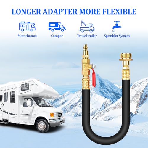 Image of RV Winterizing Blowout Adapter Kit with Valve for Sprinkler Camper | Air comp quick connect plug,3 /4 inch garden hose faucet,antifreeze for motorhomes /boats /travel trailers, brass,lead-free,18 inch