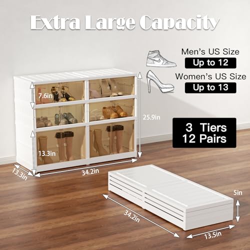 Image of 3-Tier Portable Shoe Rack Organizer for Closet, 12 Pairs Shoe Container Bins, Clear Plastic Collapsible Shoes Storage Box, Stackable Sneaker Storage Shoe Cabinet with Door