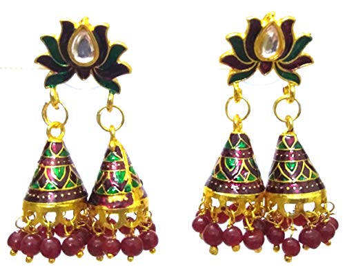 DESI HAWKER Lotus Meenakari Minakari Enamel Paint Golden Handmade Earring Bali Jhumki Jhumka Jewelry Ethnic Drop Dangle Chandelier NI-336