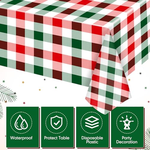 Image of Ganeen 3 Pcs Christmas Buffalo Plaid Tablecloths Disposable Plastic Red and Green Checkered Table Cloths Waterproof Rectangle for Winter Christmas New Year Holiday Party Decor, 54 x 108 Inch