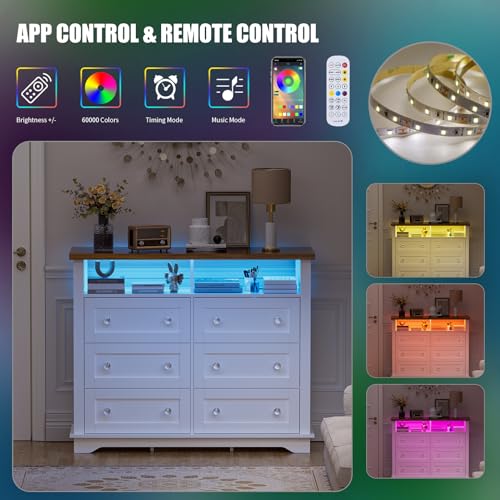 HAIOOU 6 Drawer Dresser for Bedroom,White Chest of Drawers 47 inch Modern Wooden Storage Organizer Tower with 2 Shelves,Power Outlets and LED Lights,Organizer Cabinet for Living Room Kids,Hallway