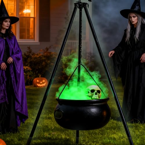 Vanpoo Halloween Decorations Outdoor Indoor Large Witches Cauldron Bowl on 47 Bold Tripod with Lights & Skull Crow Witch Cauldron Pot Hocus Pocus Black Plastic Candy Bucket Decor for Yard Porch Home