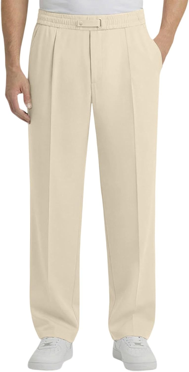 Mens Elastic Waist Pleated Dress Pants Adjustable Buckle Trousers