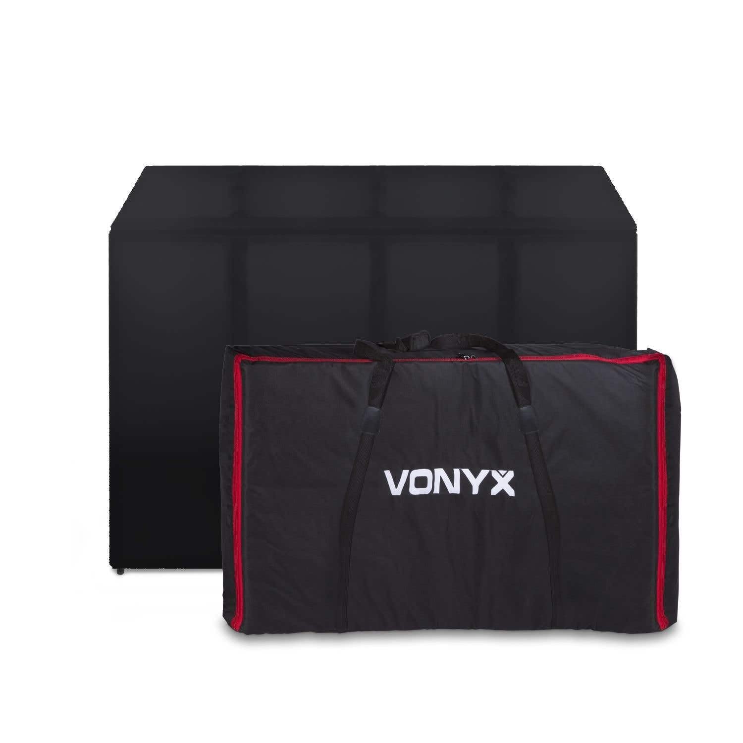 Vonyx DB5 Pro DJ Booth DJ Stand DJ - Tavolo da DJ, Pieghevole, in Alluminio, con Copertura Bianca e Nera, Materiale di Copertura: Lycra, Borsa inclusa, Carico Massimo: 80 kg