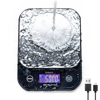BOMATA Waterproof IPX6 Kitchen Scale, 0.1g High Precision,Max 5kg, Washable, TYPE-C Rechargeable, Stainless Steel Weighing Platform, Digital Scale for Food，Cooking, Baking, Weight Loss, etc.……