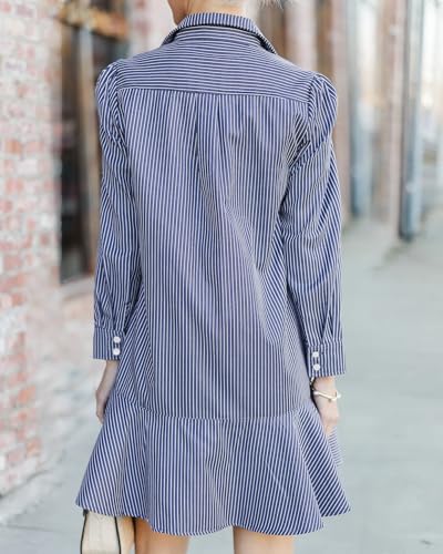 Image of YEXPINE Women's Tunic Mini Shirt Dress Cotton Linen Long Sleeve Button Up Ruffle Hem Loose Casual Summer Pockets Shift Dress