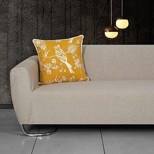 Image of ODE & CLEO Cotton Slub Cushion Covers 18 inch X 18 inch with Zip Closure, Shaneel Dori & Chicken Embroidery, Pillow Cover for Sofa, Living Room, Bed or Home Decor - Yellow, Set of 3