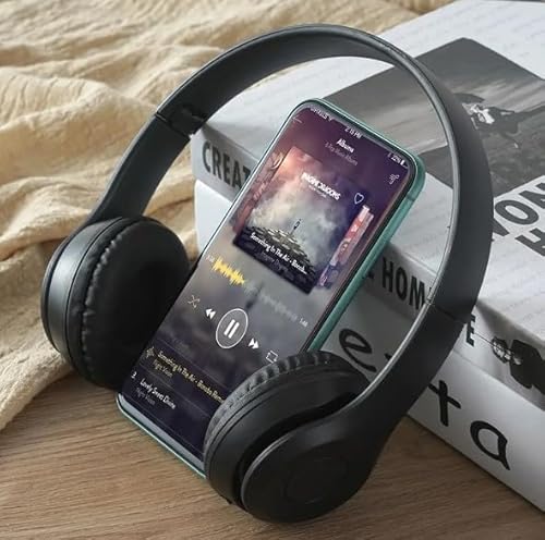 سماعة رأس بلوتوث لاسلكية، سماعة ستيريو فوق الأذن للموسيقى مع دعم بطاقة الذاكرة للألعاب مع ميكروفون مدمج للاب توب والموبايل والكمبيوتر الشخصي، 47 (أسود)