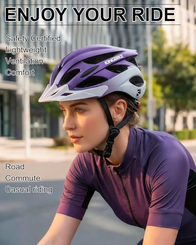 Image of KINGBIKE Bike Helmet for Adult Men Women Youth Road Commute Mountain Cycling Helmets with USB Rechargeable Light 20.4-23.6in (Purple White, Medium)