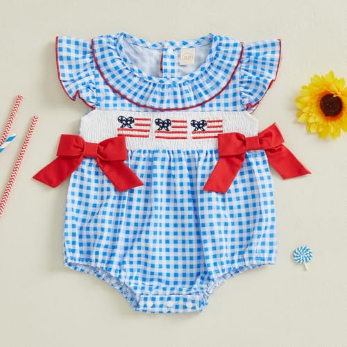 Owl's-Yard Baby Girl Smocked Romper Short Sleeve Bubble Rompers Summer Clothes Plaid Print Embroidery Bow Bodysuit2