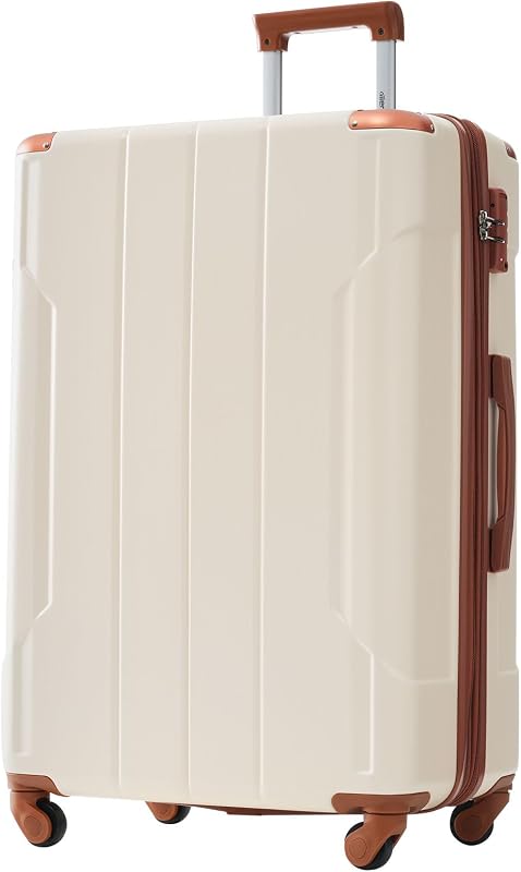 28 Inch Checked-Large Luggage with Wheels Aluminum Alloy Corner Hard Shell Suitcase TSA Luggage Suitcases for Travel Woman Men(White Brown)