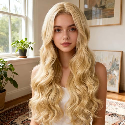 SDXCJY Blonde Wave Long Curly Wigs for Women Girls, 27'' Long, Full Hair Replacement Synthetic Wigs for Ladies Fancy Dress, Cosplay & Daily Use - 5