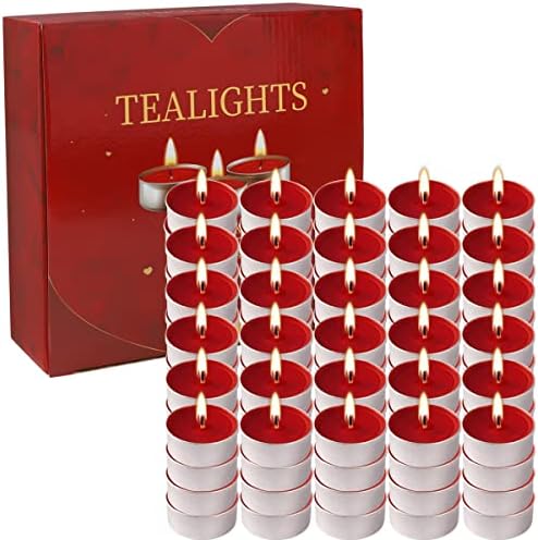 100 Packs Red Tealight Candles,Romantic Love Unscented Tea Lights Candles,Dripless & Long Lasting Smokeless Mini Tealight Candles for Mood,Romantic Decor,Pool,Dinners,Home,Wedding,Crafts(Red)