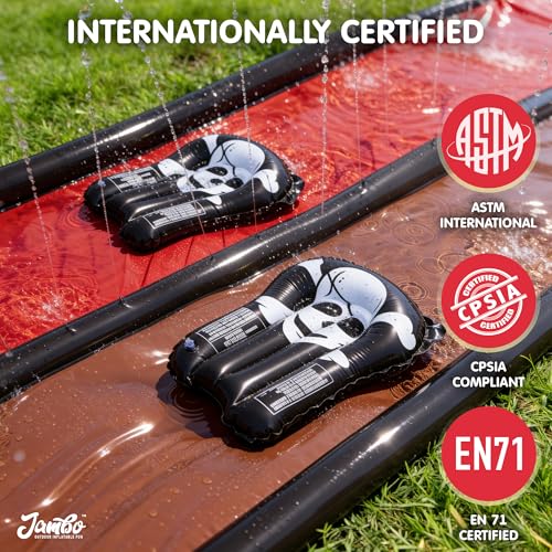 Image of JAMBO Premium 22Ft Water Slide and 2 Bodyboards, Extra Long Heavy Duty Slip Splash and Slide with Inflatable Bumpers, Pirate Splash Mat Water Sprinkler, Outdoor Water Toys, Summer n Toy, Splash Pad