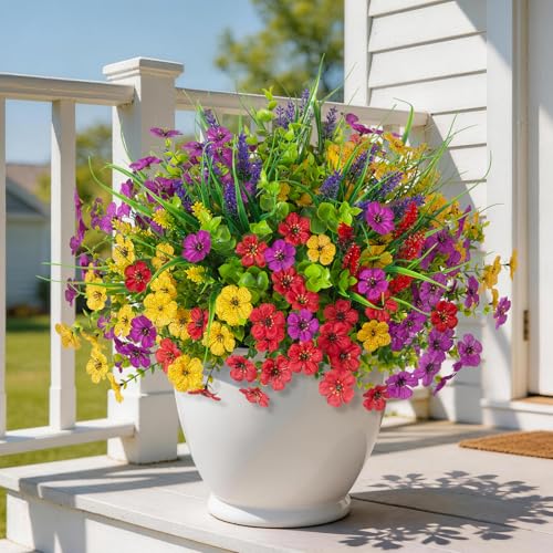 Artificial Flowers for Outdoors, 14 Bundles UV Resistant Fake Silk Flowers with Greenery Grass Lavendar Faux Plants Planter for Summer Decoration Porch Patio Yard Home Decor
