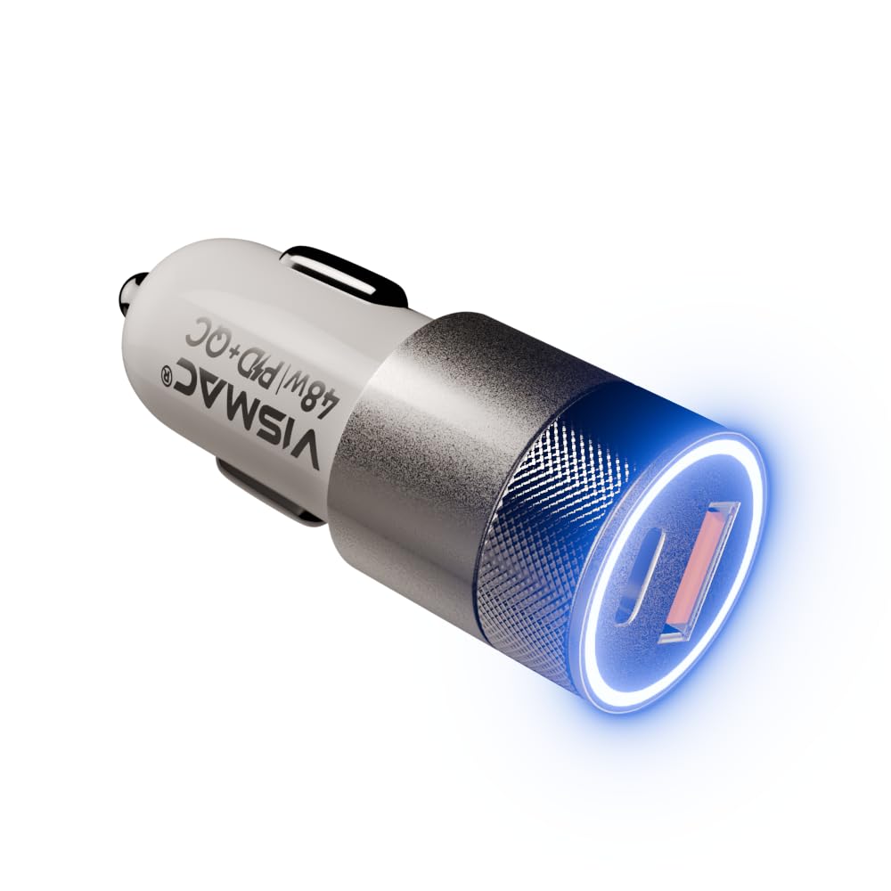 Vismac 48W Fast Car Charger with Qualcomm Quick Charge and PD USB-A and Type-C Ports Glowing Ring LED Metal Textured Body Over Voltage Over Current and Over Temperature Protection-image-41