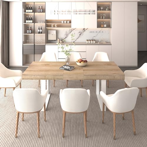 Image of 78.74 inch Extendable Dining Table for 6 8 10 Person, Farmhouse Expandable Dining Table Large Rectangle Wooden Expanding Table with White Legs for Kitchen Dining Room Conference Small Space, Oak