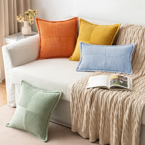 Image of MIULEE Decorative Throw Pillow Covers for Couch Bed Livingroom 18x18 Inch Set of 2 Light Blue Boho Accent Throw Pllows Broadside Striped Patchwork Soft Corduroy Pillowcases
