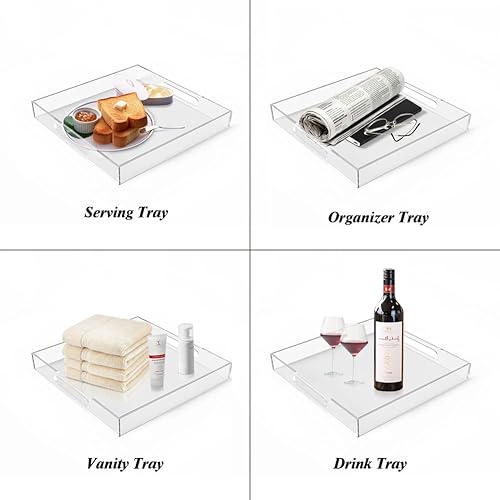 Miniatura 9 de Bandeja de acrílico para servir (12 x 12 x 2 pulgadas) con asas, a prueba de derrames, bandeja decorativa transparente para aperitivos, desayuno,