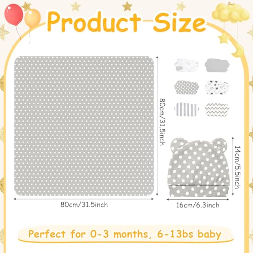 Ramede 6 Sets 100% Cotton Baby Swaddle Blankets Swaddling Wrap with Hats Nursery Receiving Blanket for 0-3 Mouths Unisex Baby Soft Silky & Breathable 31.5X 31.5in(Star,Grey) - Thumbnail 2