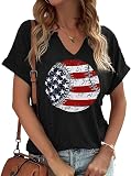 PUCKOLITY American Flag Baseball Shirts for Women Fourth of July T-Shirts USA Flag Shirt Patriotic Graphic V-Neck Tee Tops（XL,2 Black）