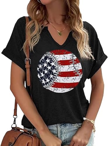PUCKOLITY American Flag Baseball Shirts for Women Fourth of July T-Shirts USA Flag Shirt Patriotic Graphic V-Neck Tee Tops（XL,2 Black）