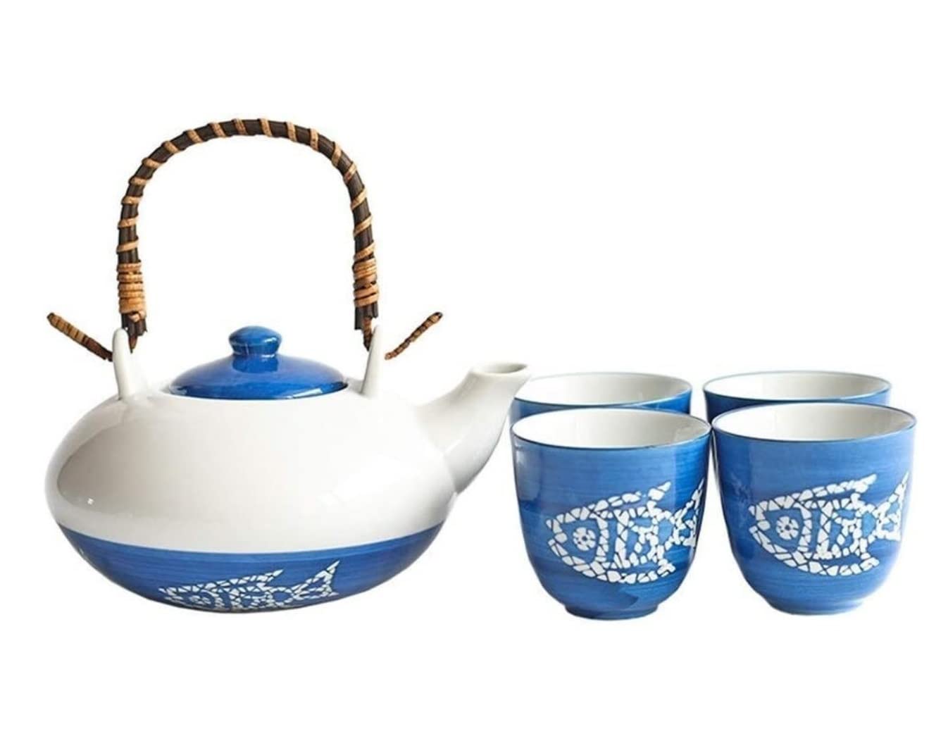 Service de thé japonais 5 pièces avec théière à motif poisson et 4 tasses