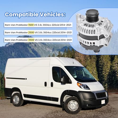 Image of 11792 Alternator 180Amp 12V Fit for Ram Van ProMaster 1500 2500 3500 3.6L 2014-2021 Part Replaces 68271769AA 4210007110 421000-7120