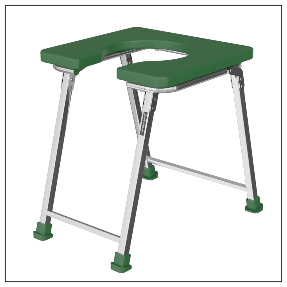 NEOSAFENEOSAFE Premium Stainless Steel Folding Elderly Disabled Man and Pregnant Woman Mobile Commode Chair With Toilet Seat for Shower and Bathing Room Comfortable Safe Toilet Stool (Military Green)