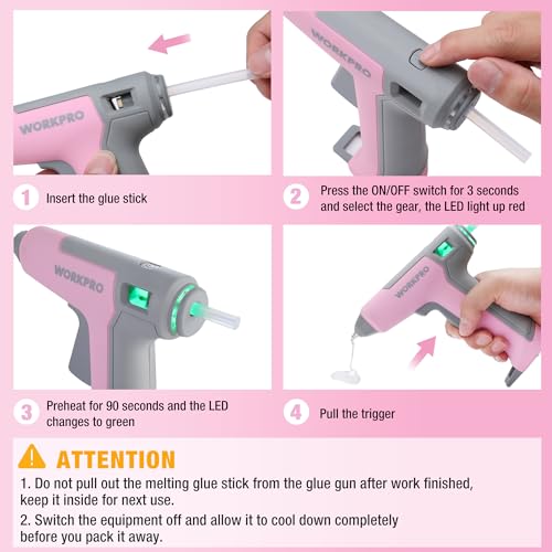 WORKPRO Cordless Glue Gun 3.6V with 20pcs Glue Sticks (7x100mm) | Fast Preheating Hot Glue Gun with 2500mAh Lithium-ion Battery | Automatic-Power-Off Glue Gun for Crafting with Indicator Lights | Pink - Image 6