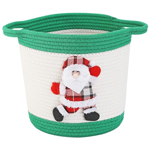 Image of Christmas Gift Basket Empty, Christmas Decoration Storage Basket with Handle for Holiday, Baby Gift Basket for Toys, Towels, Diapers, Woven Cotton Rope Basket With Santa Claus, Green