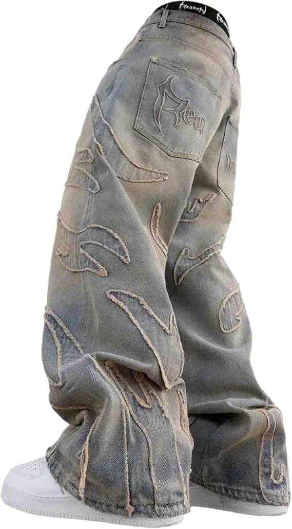 Ethbox Y2K Jeans Men's Hip-hop Retro Flame Splicing Wide Leg