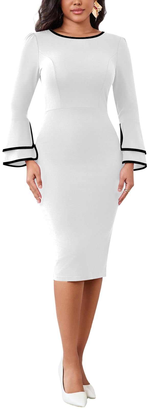 Classic Church Dress for Women Bell Long Sleeve Vintage Wear to Work Cocktail Business Split Pencil Sheath Dresses