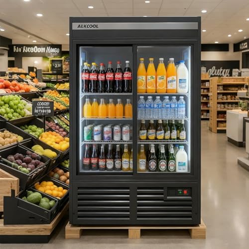 Image of Commercial Flower Beverage Refrigerator Display Fridge,Two SLIDING Glass Door Drink Cooler Floral Display Fridge with LED Light Adjustable Shelves,ETL Sanitation,43 Cu Ft,47 inch Wide,Wheels Included