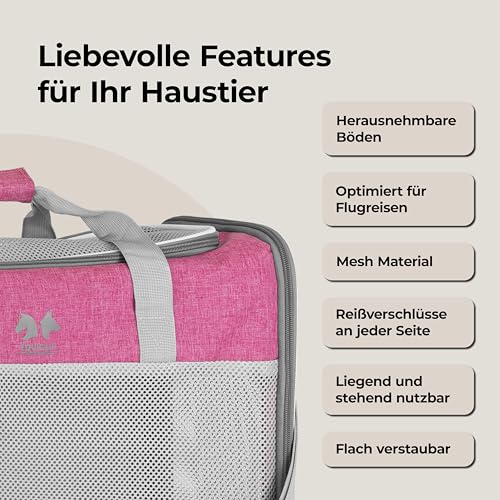 EQUICANI® Hundetasche 55x40x23 cm Flugzeug Faltbare leichte Tragetasche mit Netzstoff, Tragegurt und abnehmbaren Boden für Hund & Katze | Haustier Hundetragetasche für Reisen, Auto, Fliegen (Pink)