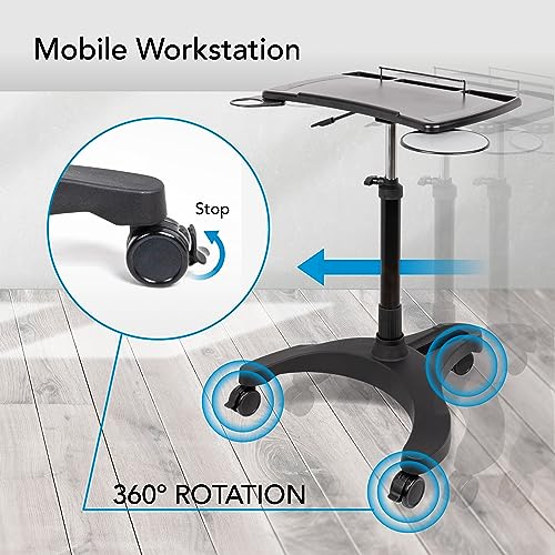 EHO Mobile Laptop Standing Desk Carts on Wheels with Stationery Storage, Pneumatic, Height Adjustable Rolling Stand, Sit to Stand Computer Cart, Workstation for Home, Office, Medical and School