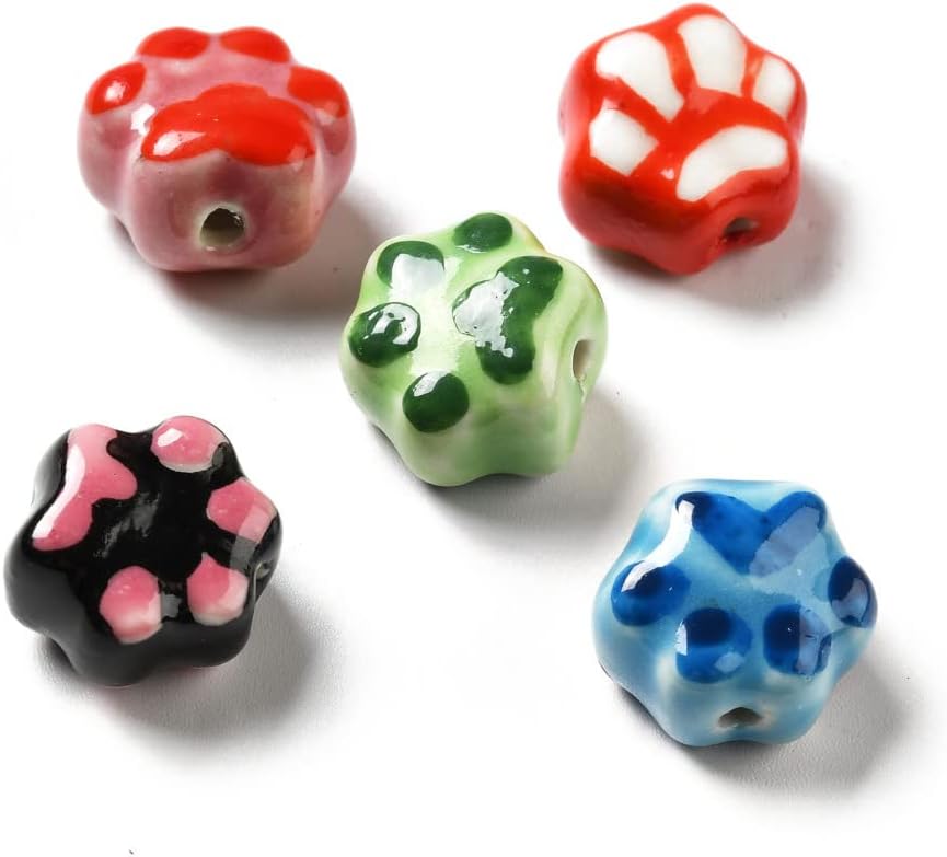 LiQunSweet 25 Pcs 13.5x15mm Handmade Printed Porcelain Ceramic Beads Dog Cat Paw Prints Footprint Step Beads for Jewelry Making