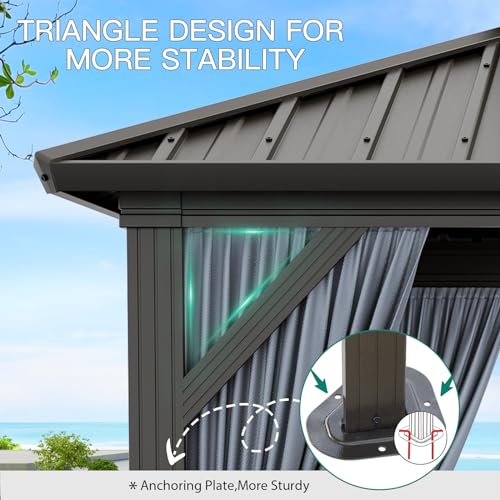 10x10ft Double Roof Hardtop Gazebo, Heavy Duty Galvanised Steel Hardtop Pavilion with Nettings and Curtains, Aluminum Gazebo for Patio, Terrace, Lawn and Deck, Grey