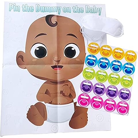 Funny Baby Shower Game - Pin The Pacifier - Includes 24 Stickers, Large Poster and Luxury Blindfold Cover